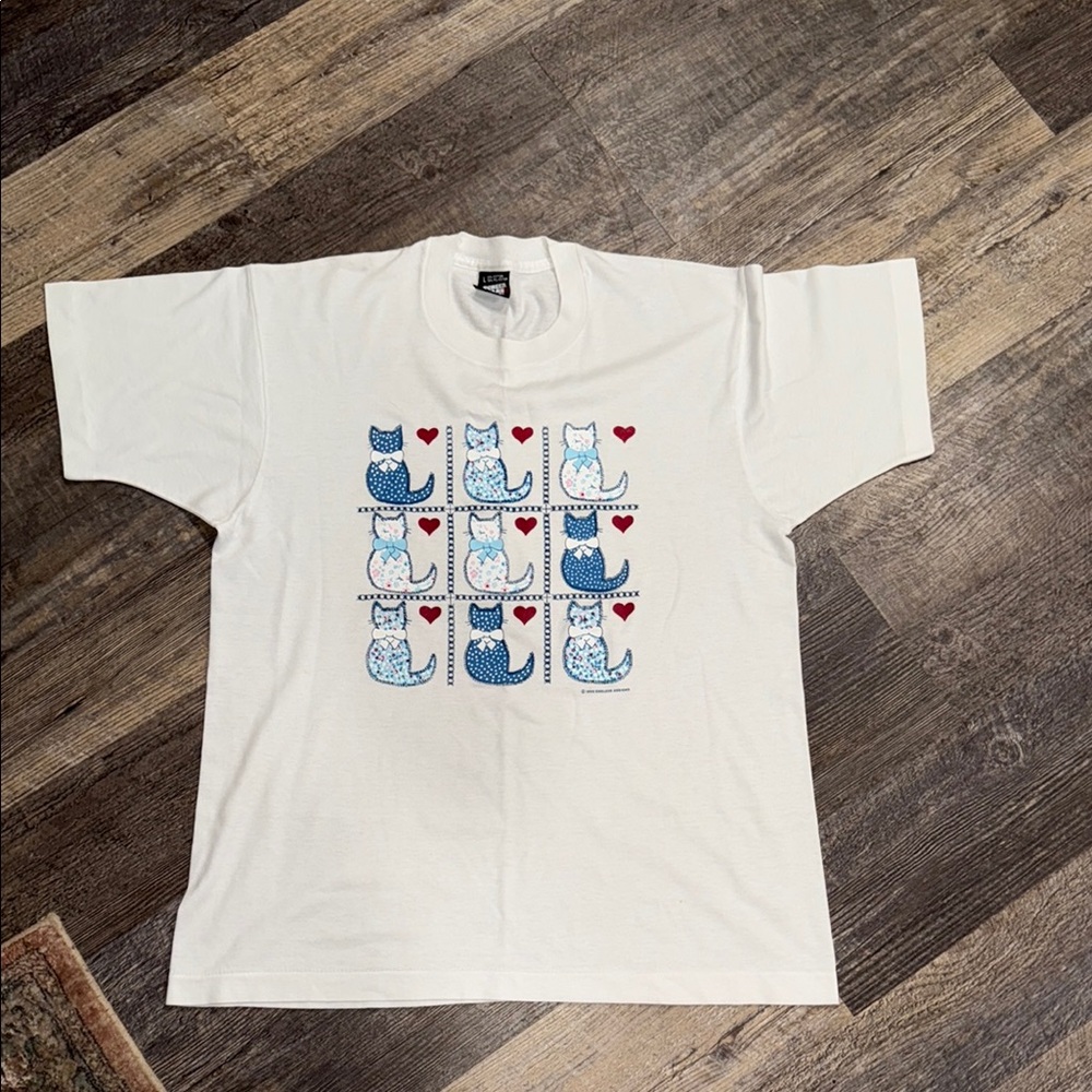 Screen Stars White T-Shirt with Cat and Heart Graphic